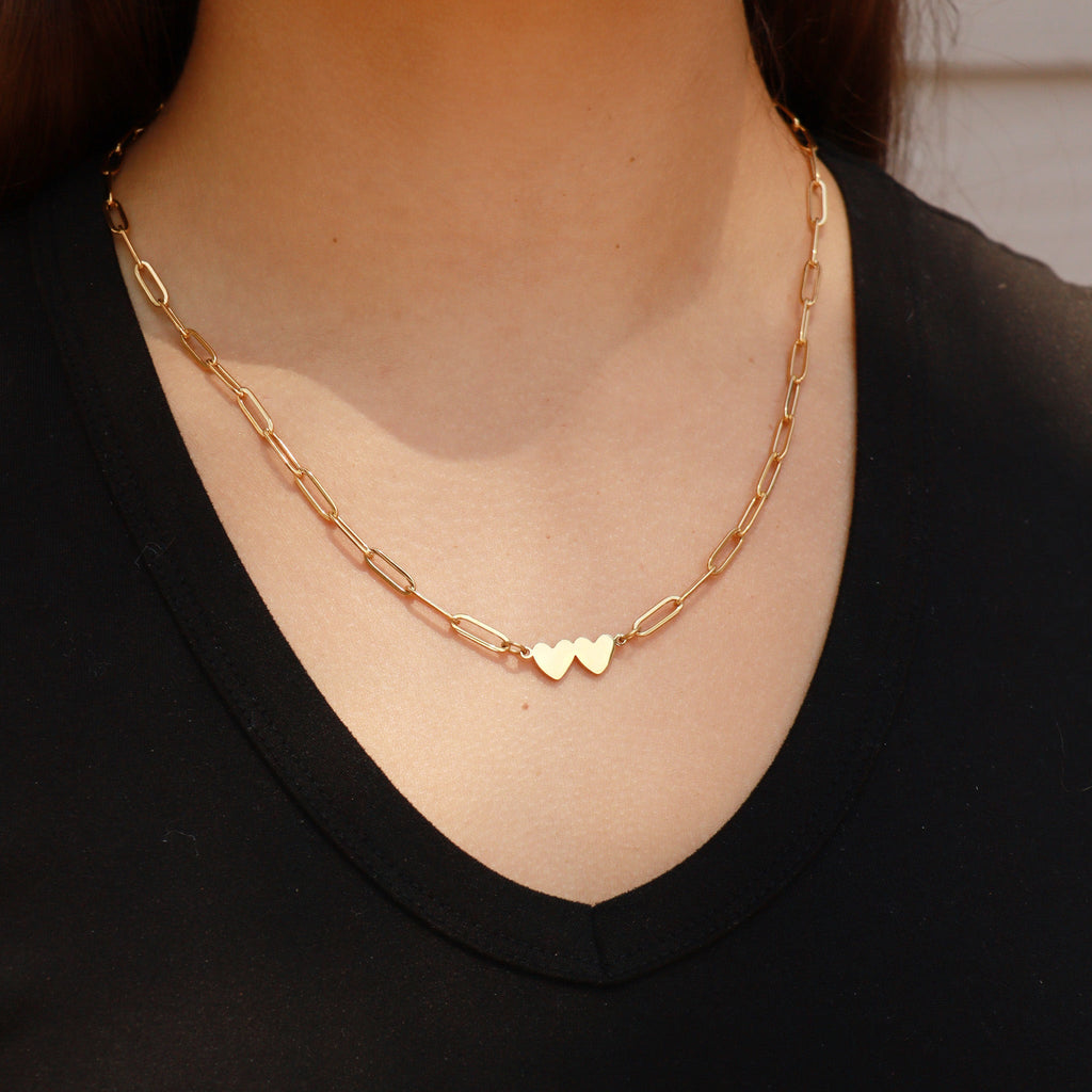 Engraved Heart Necklace - Stainless Steel Two Heart Paperclip Chain Pendant