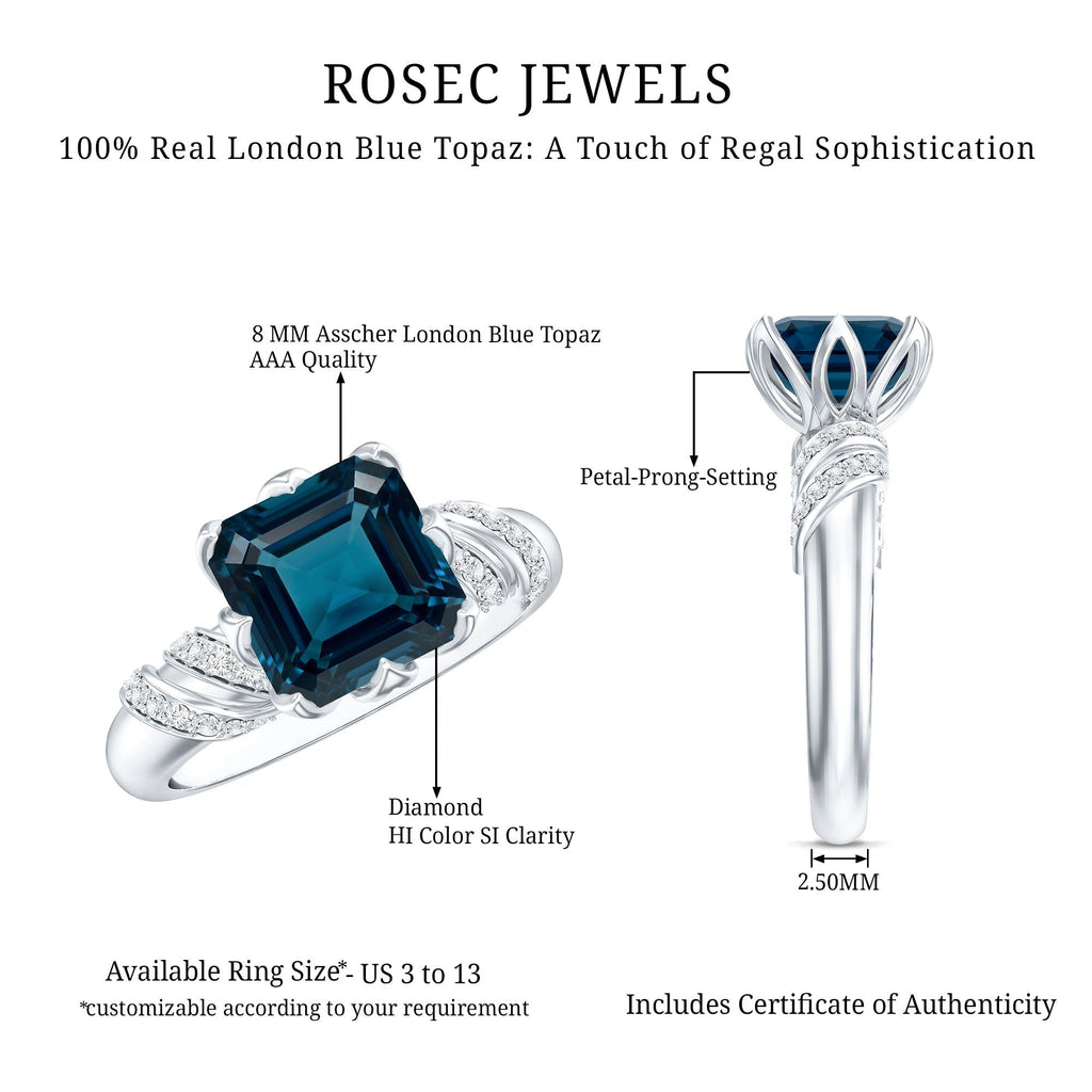 3 Carat Asscher Cut London Blue Topaz Designer Solitaire Engagement Ring