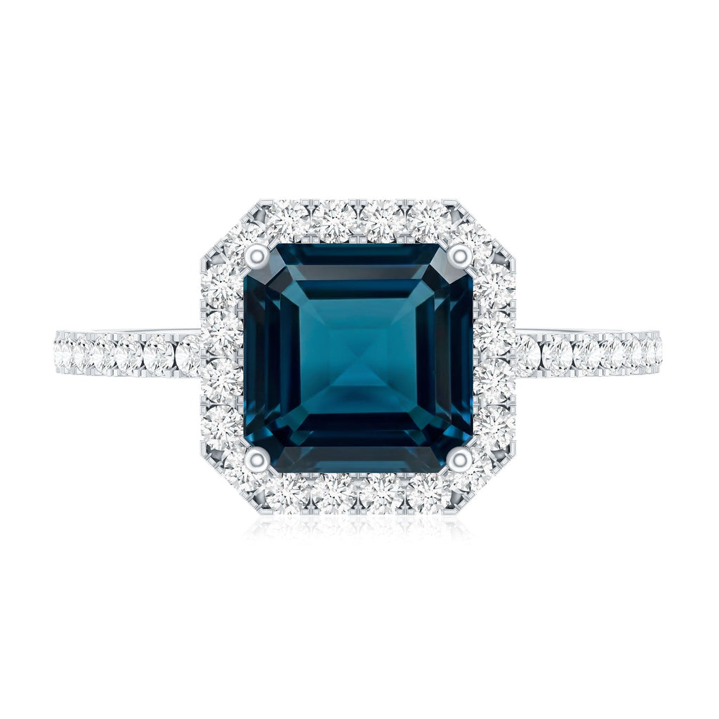 3 Carat Asscher Cut London Blue Topaz Vintage Engagement Ring with Diamond Halo