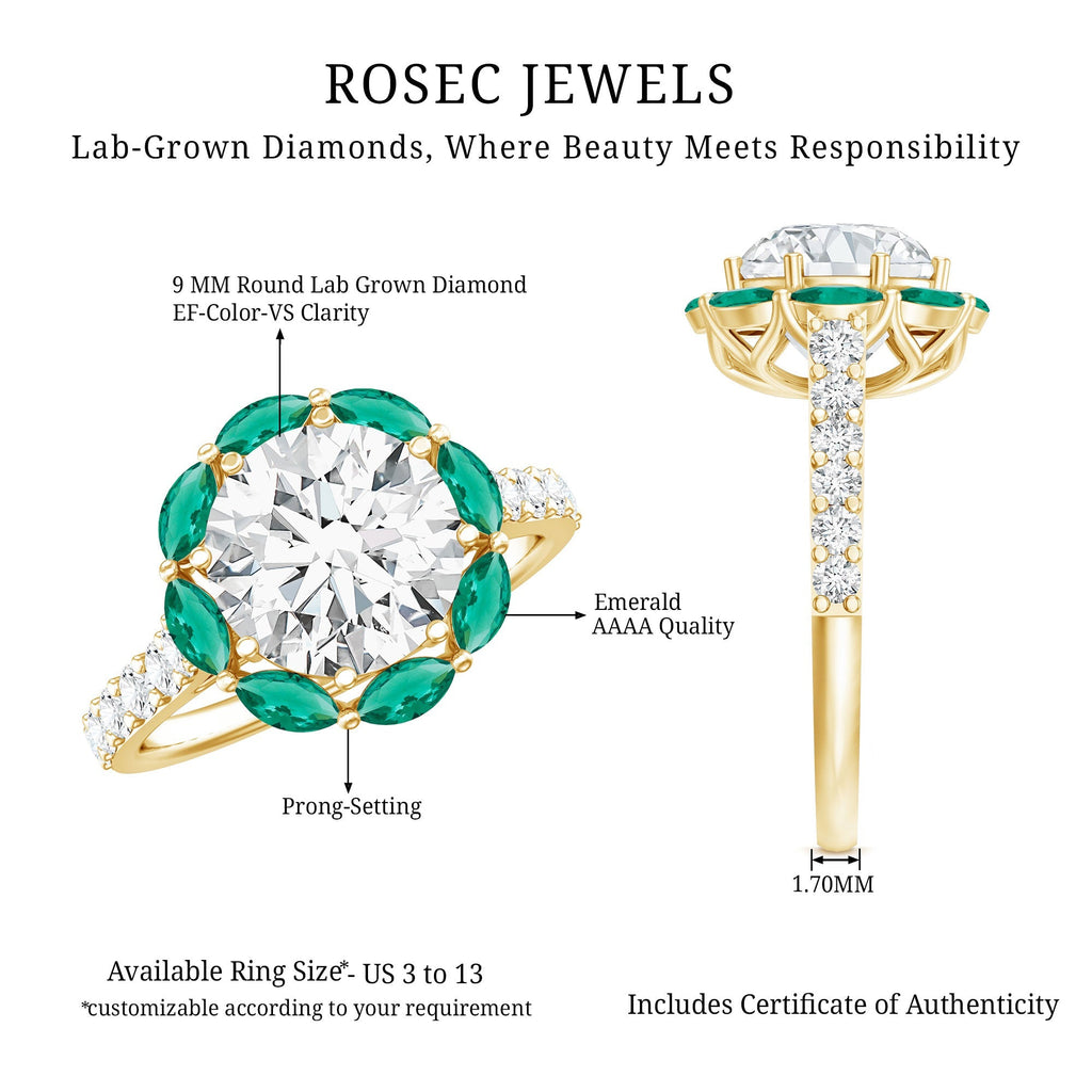3 Carat Diamond Ring - Lab Grown Emerald Halo Ring With 8 Prong Setting