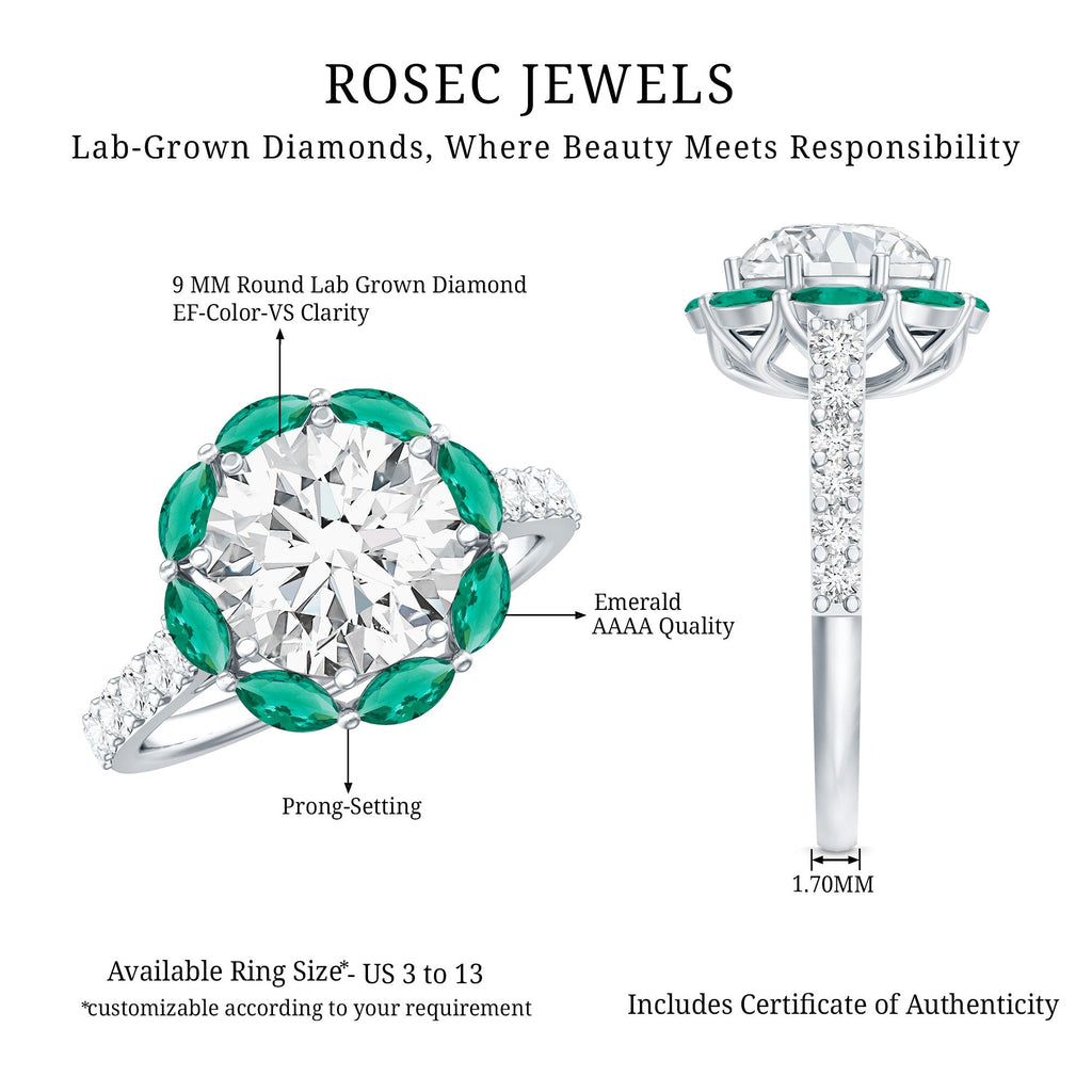 3 Carat Diamond Ring - Lab Grown Emerald Halo Ring With 8 Prong Setting