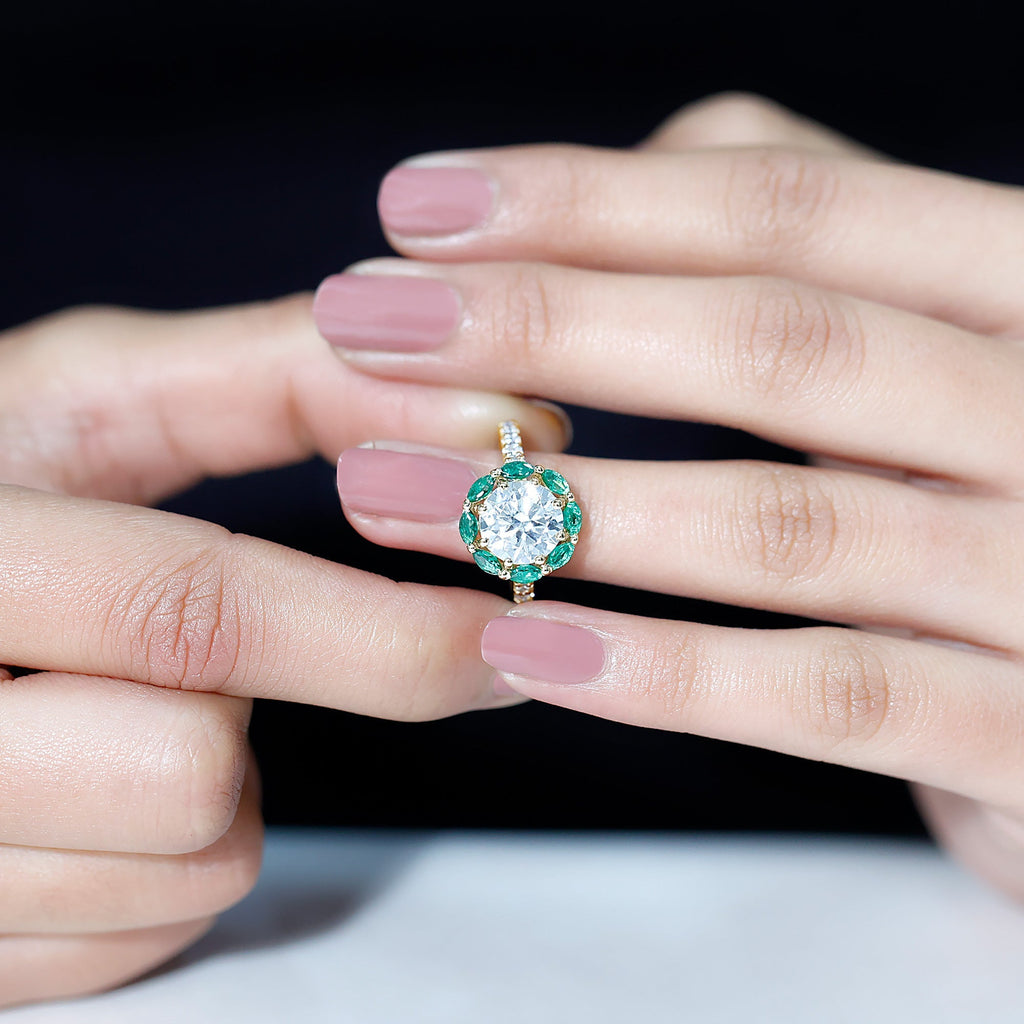 3 Carat Diamond Ring - Lab Grown Emerald Halo Ring With 8 Prong Setting