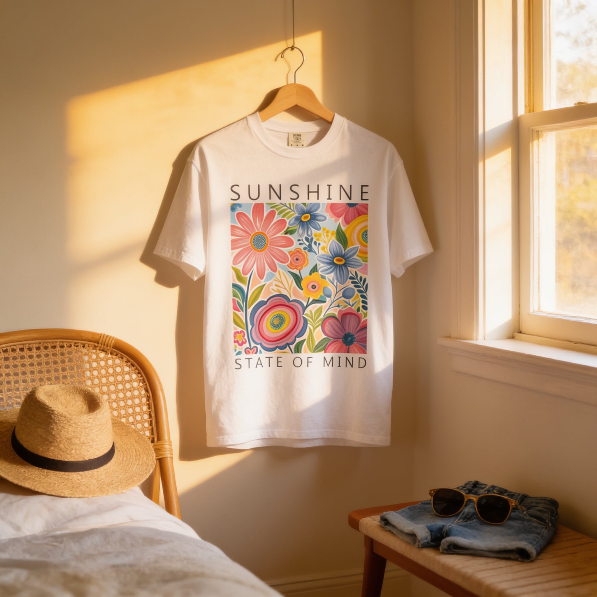 A white t-shirt with a colorful floral design hangs on a wooden hanger in a bedroom, with a straw hat and sunglasses placed on a wooden bench nearby.
