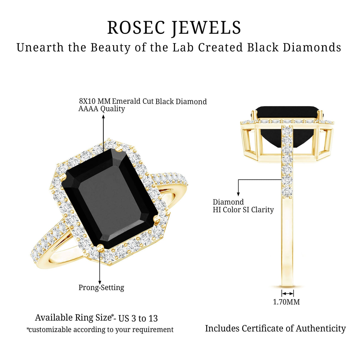 3.4 Carat Lab Grown Black Diamond Emerald Cut Engagement Ring with White Diamond Halo