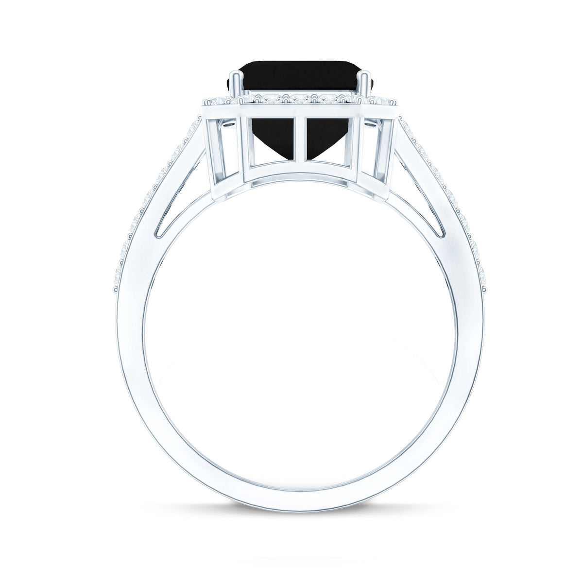 3.4 Carat Lab Grown Black Diamond Emerald Cut Engagement Ring with White Diamond Halo