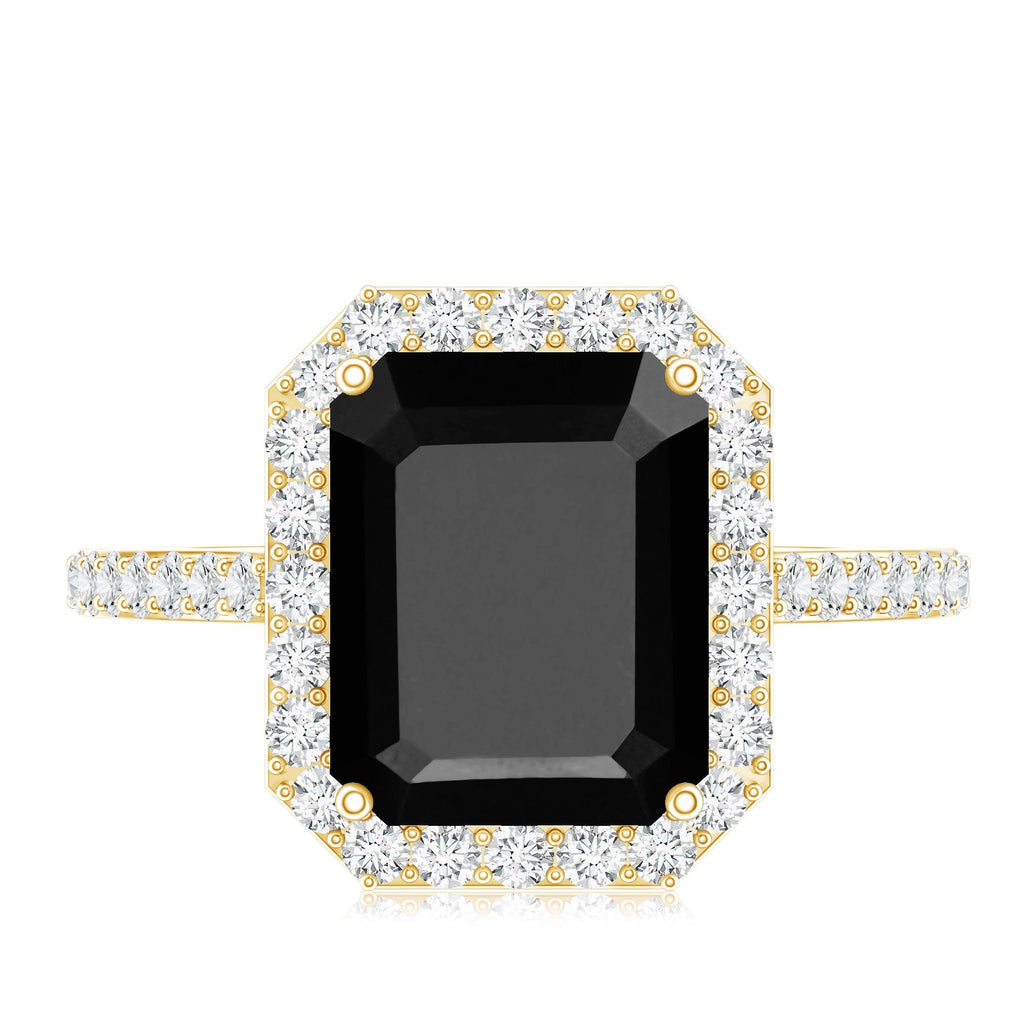 3.4 Carat Lab Grown Black Diamond Emerald Cut Engagement Ring with White Diamond Halo