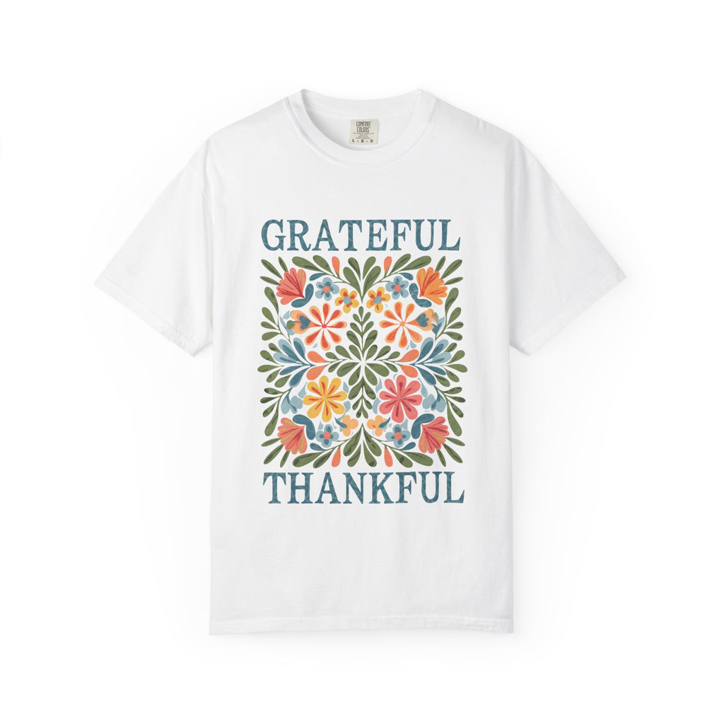 Grateful Thankful Tee - Cozy Fall T-Shirt With Floral Folk Art Design