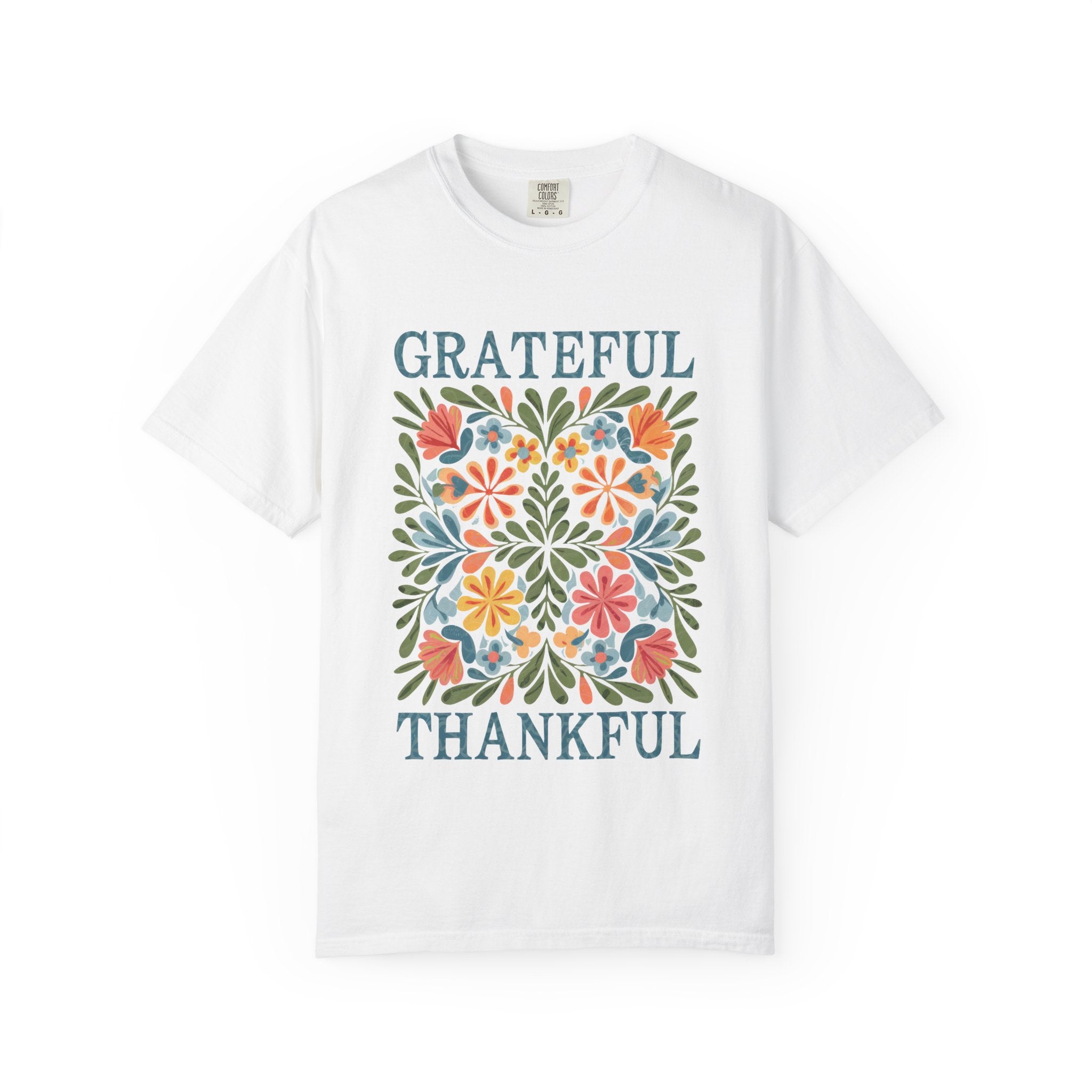Grateful Thankful Tee - Cozy Fall T-Shirt With Floral Folk Art Design