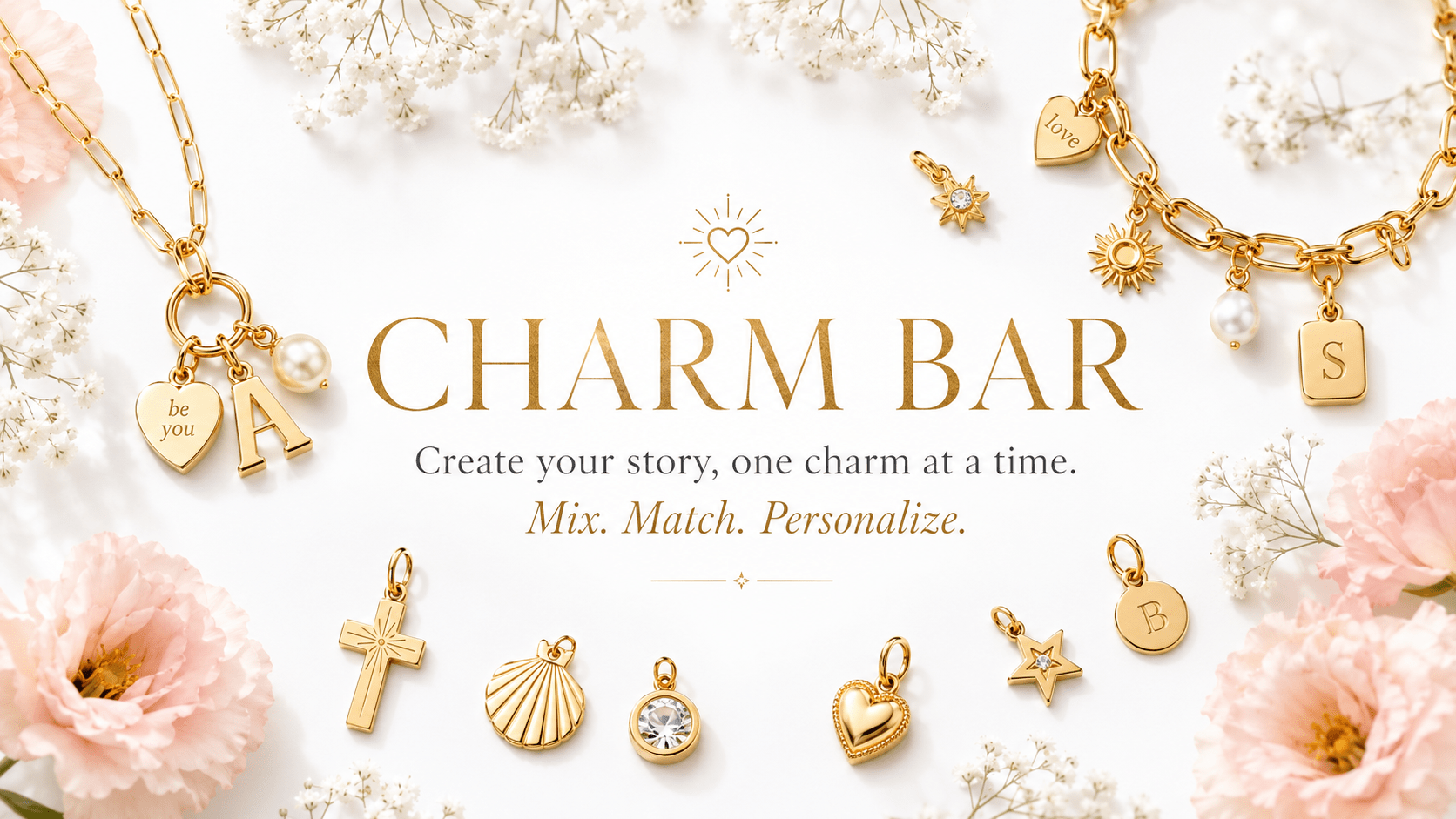Promotional graphic for Charm Bar featuring multiple gold charms and chains arranged on a white background with pink flowers. Large text reads 'CHARM BAR' with the tagline 'Create your story, one charm at time.