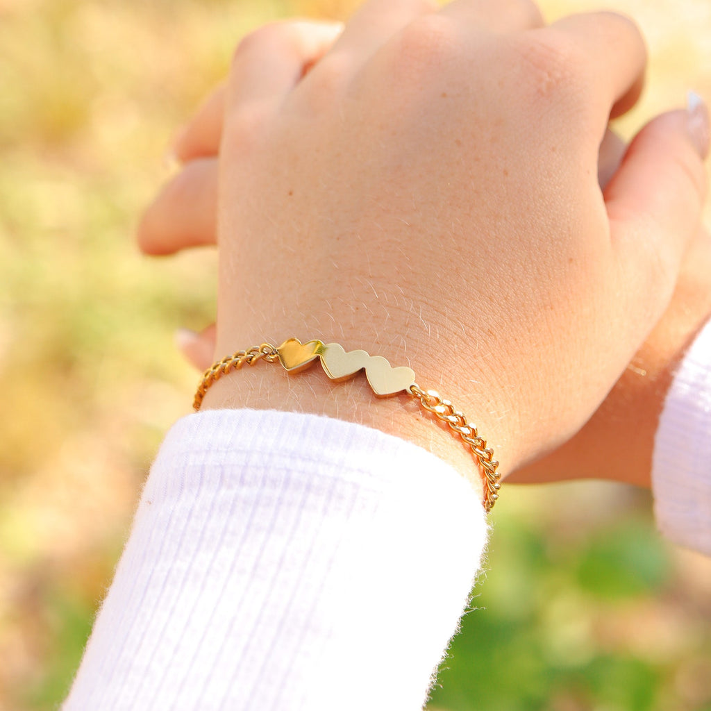 18K Gold PVD Stainless Steel Engravable 3 Hearts on Curb Chain Bracelet lifestyle