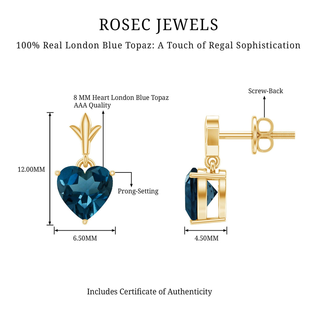 4 Carat London Blue Topaz Heart Drop Earrings for Women