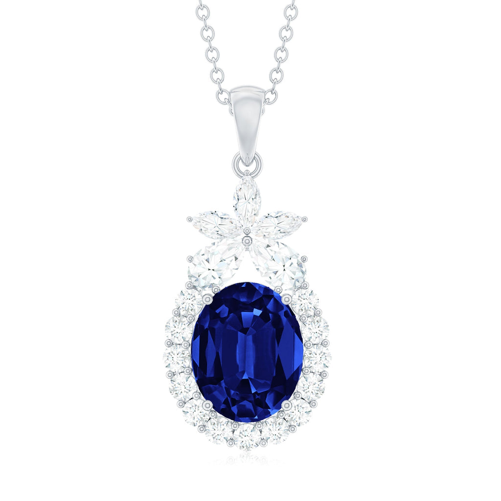 4 Carat Oval Shape Lab Created Blue Sapphire Statement Necklace with Moissanite