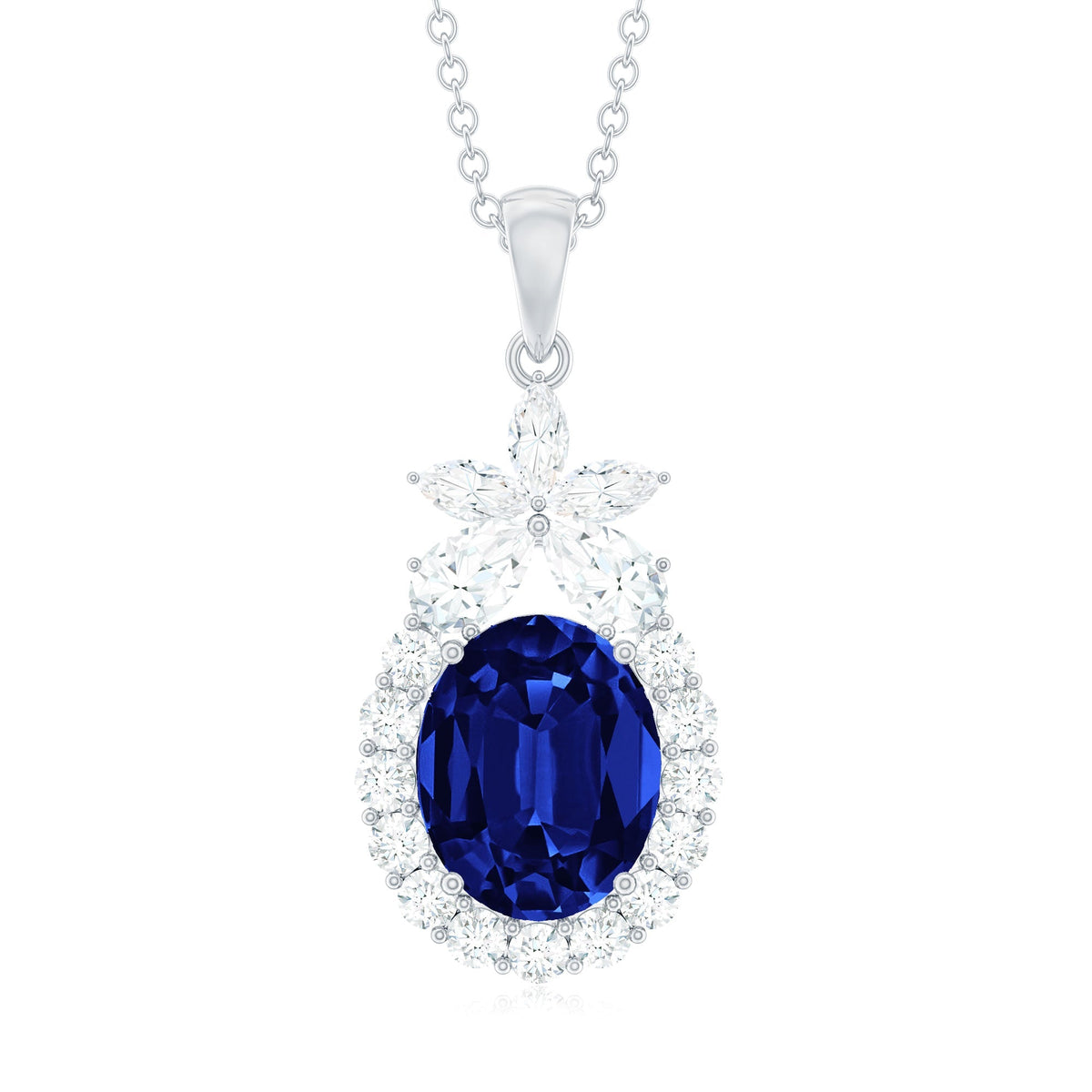 4 Carat Oval Shape Lab Created Blue Sapphire Statement Necklace with Moissanite
