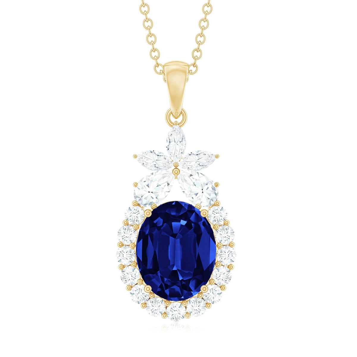 4 Carat Oval Shape Lab Created Blue Sapphire Statement Necklace with Moissanite