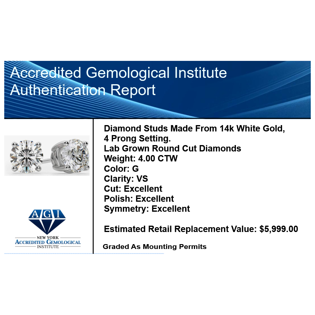 Lab Grown Diamond Earrings – 4 Carat Studs | 14K Gold, AGI Certified Round Brilliant