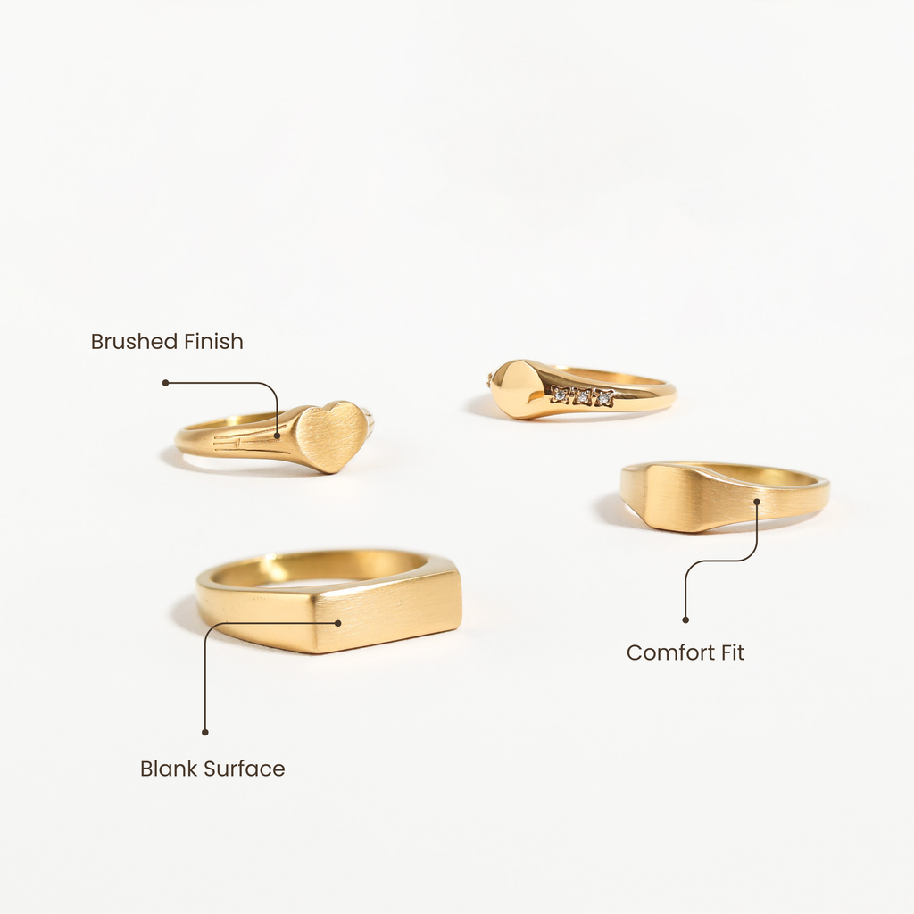 Engraved Gold Signet Ring – 18K Gold Plated Stainless Steel With CZ Stones