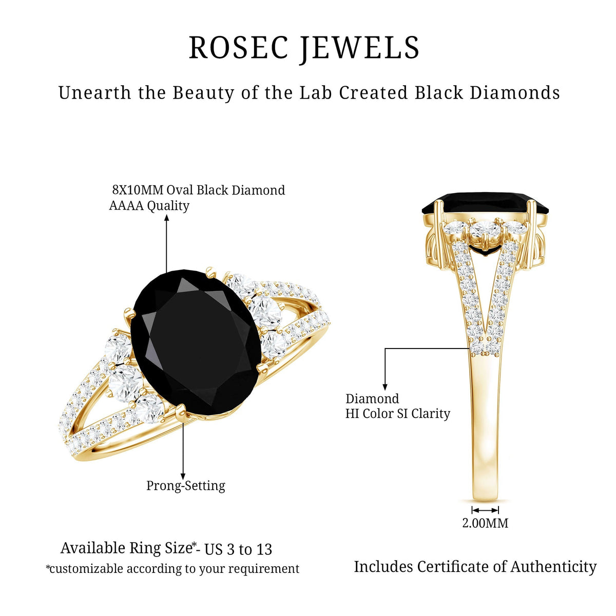 4.2 Carat Lab Grown Black Diamond Oval Engagement Ring with White Diamond Split Shank