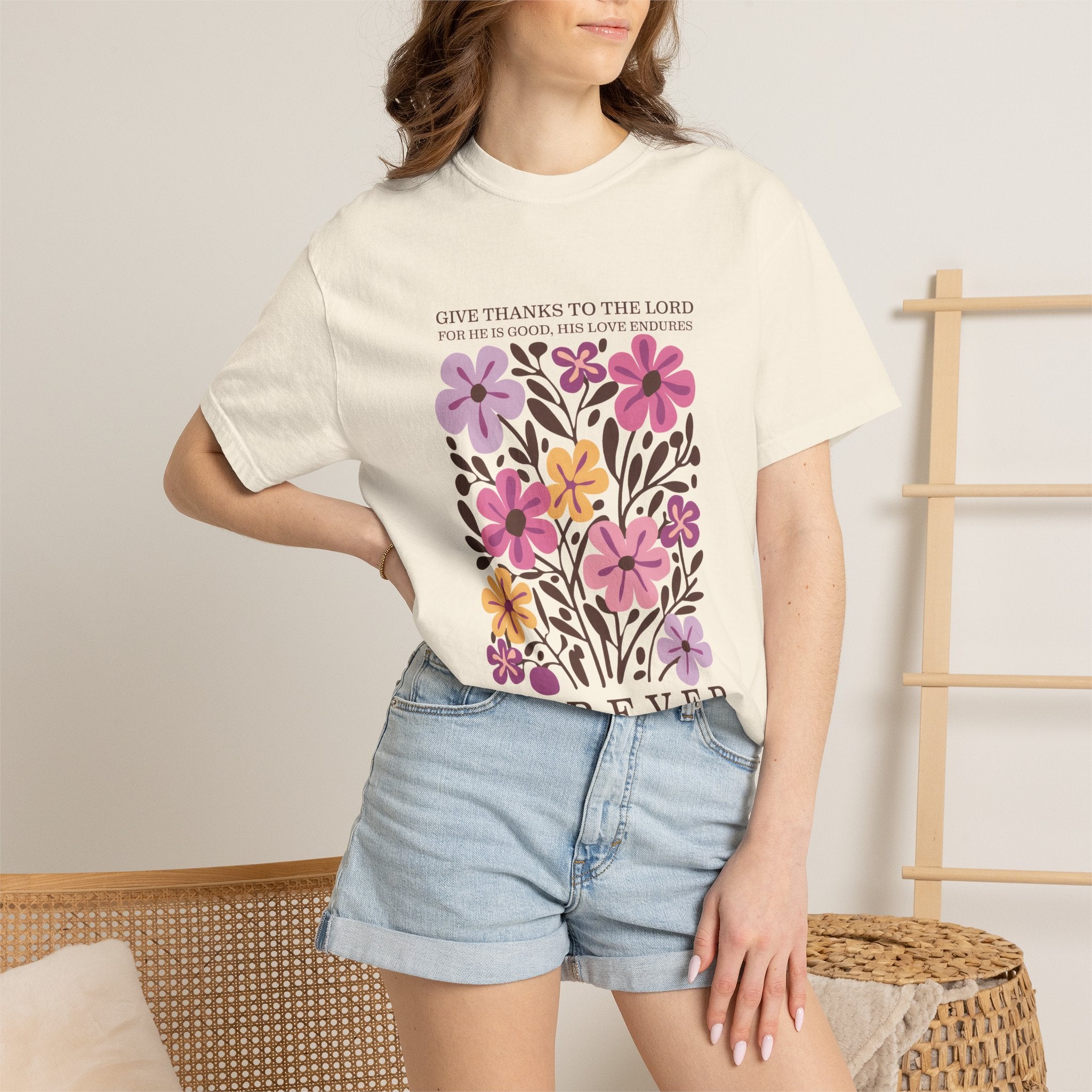 Faith T-Shirt – Comfortable Cotton Tee With Floral Psalm 136 Design | Give Thanks Shirt
