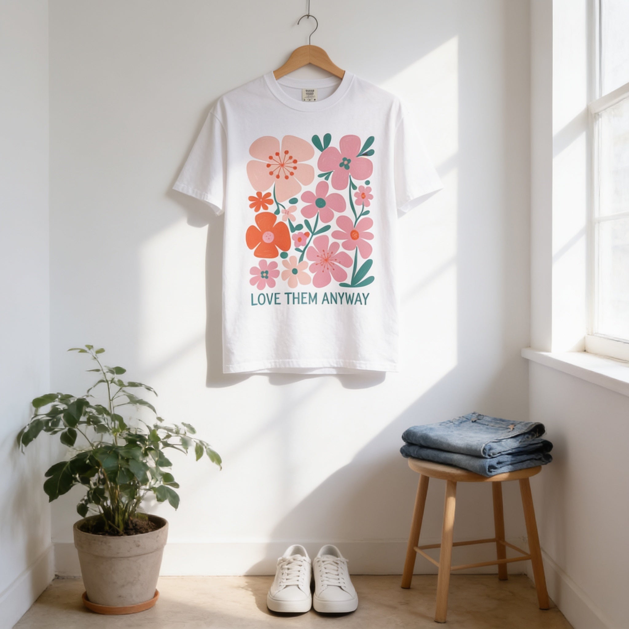 a white t-shirt with a floral design hanging on a wooden hanger, placed on a wooden stool next to a potted plant.