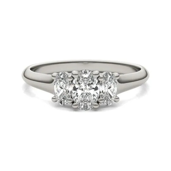 Lab Grown Diamond Ring – 1 CTW Oval Cut Three Stone Engagement | 14K White Gold Trellis Setting