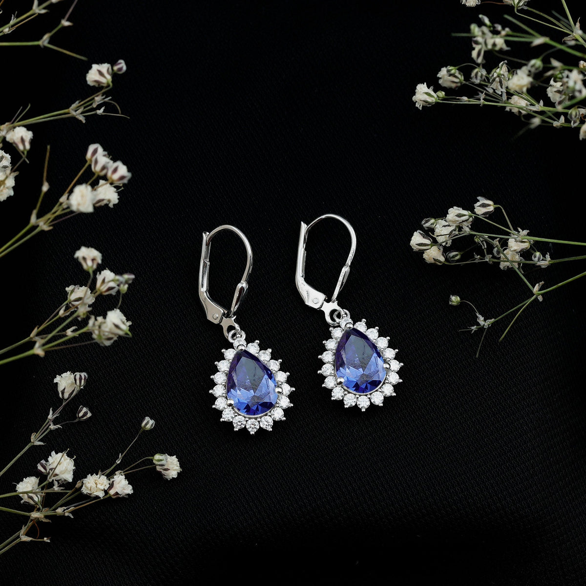 5 Carat Lab Grown Blue Sapphire Sterling Silver Drop Earrings