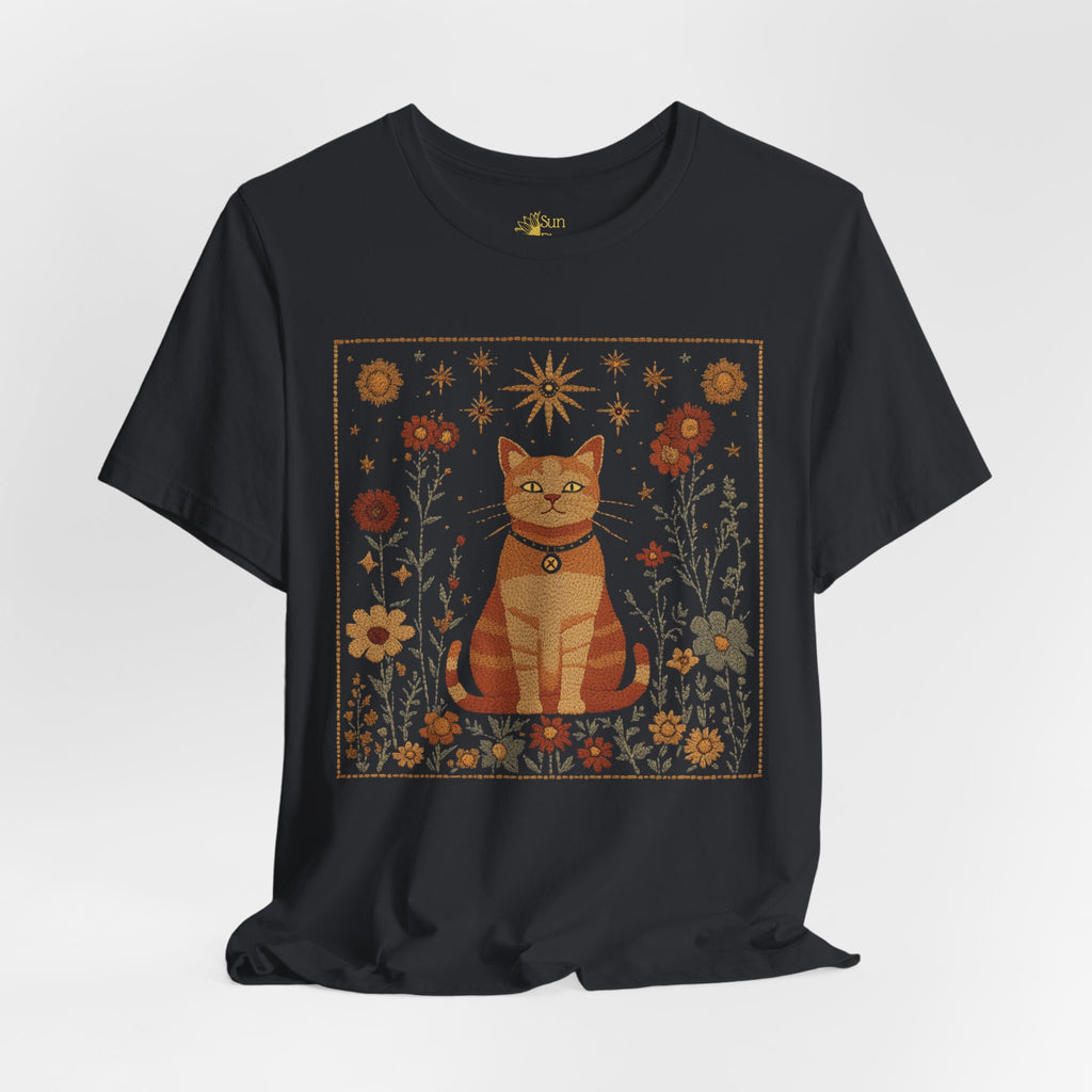 Mystical Cat T-Shirt – Vintage Fall Tee With Orange Tabby & Autumn Floral Design