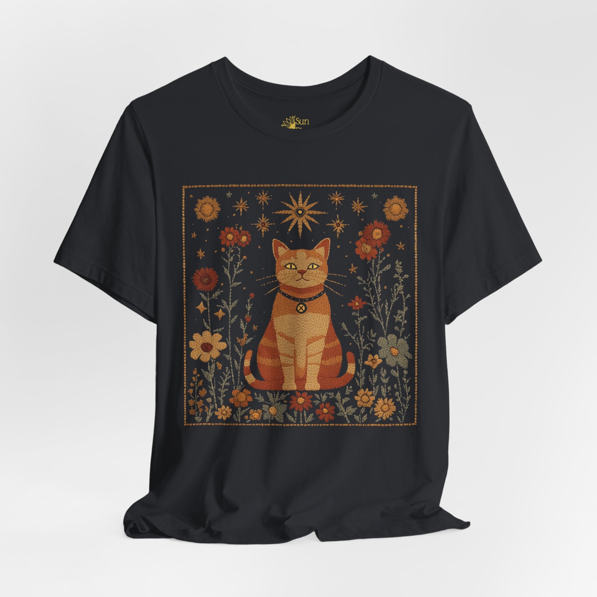 Mystical Cat T-Shirt – Vintage Fall Tee With Orange Tabby & Autumn Floral Design