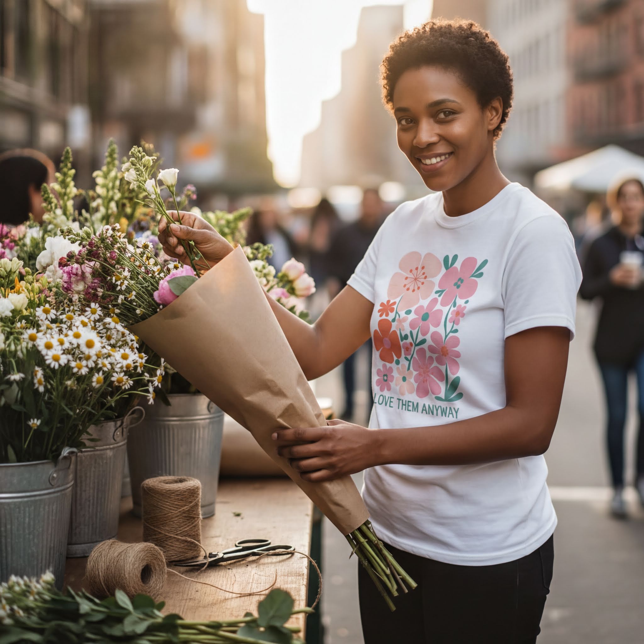 A smiling woman in a white t-shirt stands behind a table filled with flowers, holding a bouquet of flowers.