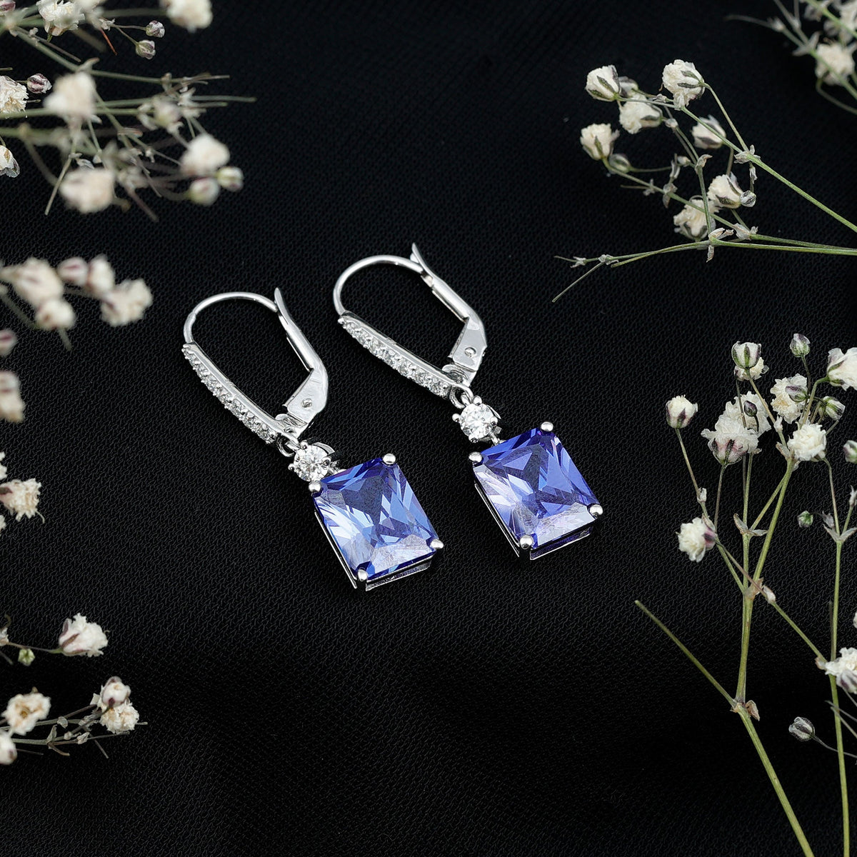5.5 Carat Emerald Cut Lab Grown Blue Sapphire Drop Earrings in Silver