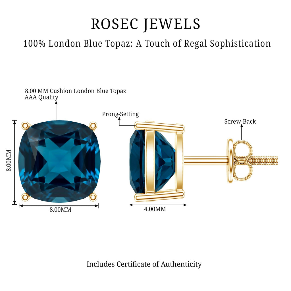 5.6 Carat Cushion Cut London Blue Topaz Stud Earrings