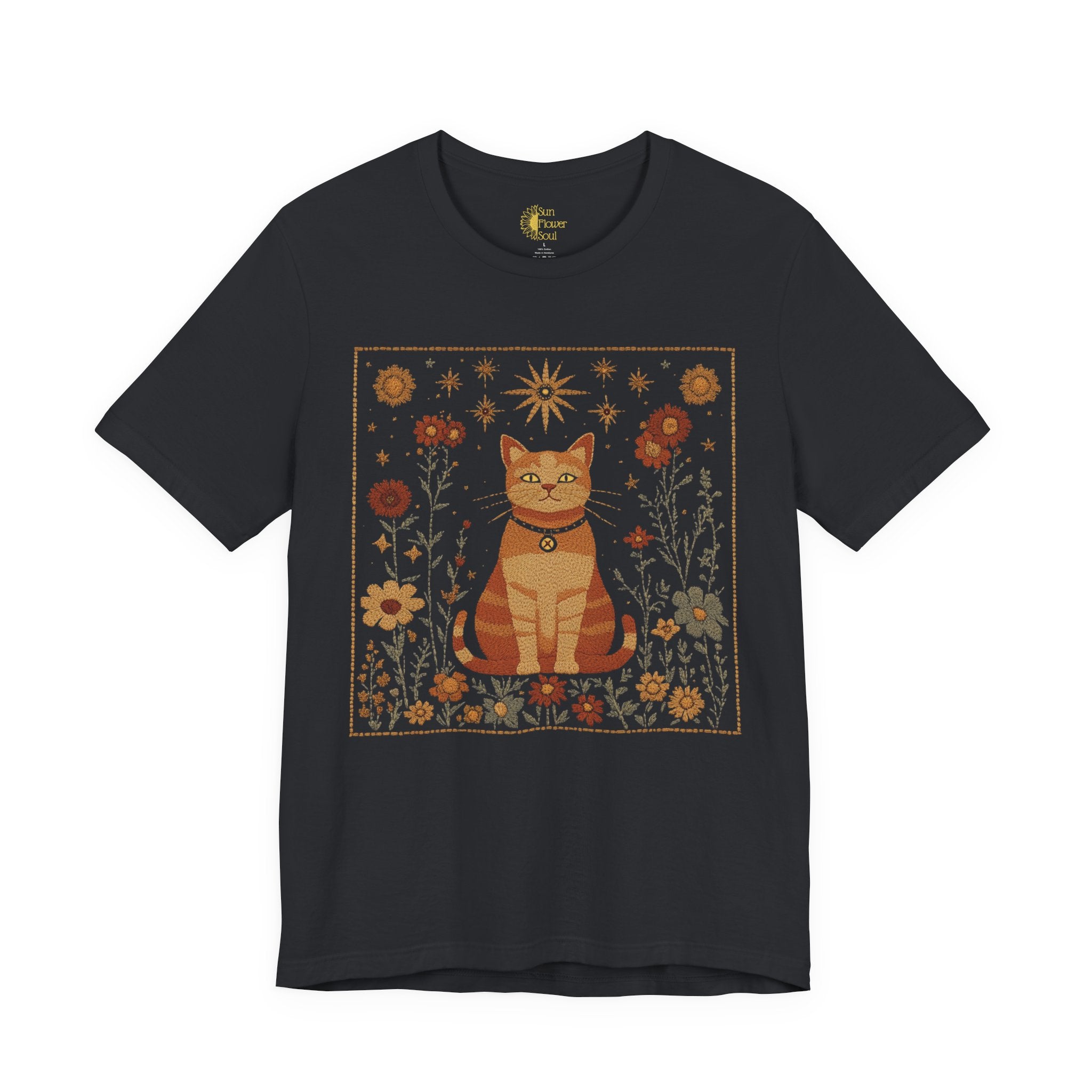 Mystical Cat T-Shirt – Vintage Fall Floral Tee with Orange Tabby | Soft Cotton