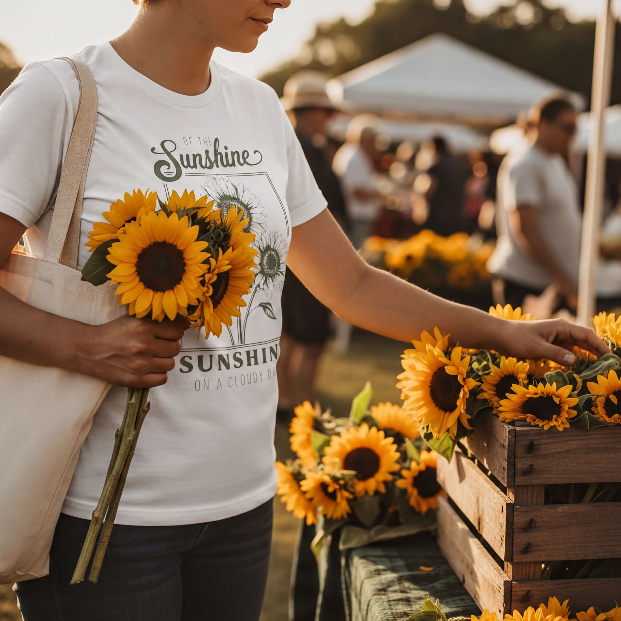 A woman in a white t-shirt holding a bouquet of sunflowers stands in front of a wooden crate filled with more sunflowers, at an outdoor event.