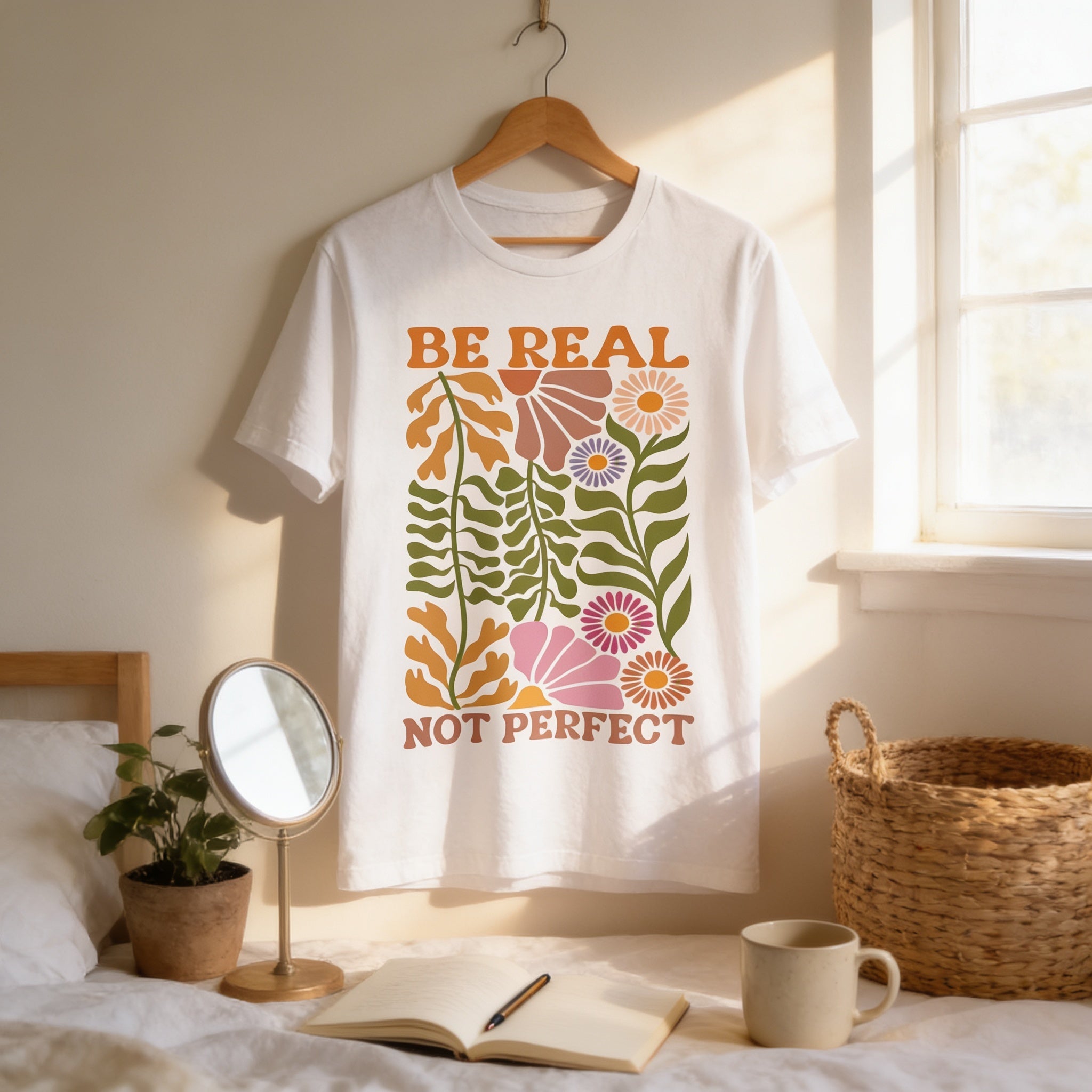 a white t-shirt with a colorful graphic design, hanging on a wooden hanger on a bed. The t-shirt has the text "Be REAL NOT PERFECT" printed on it. There is also a mirror, a notebook, and a basket in the scene.