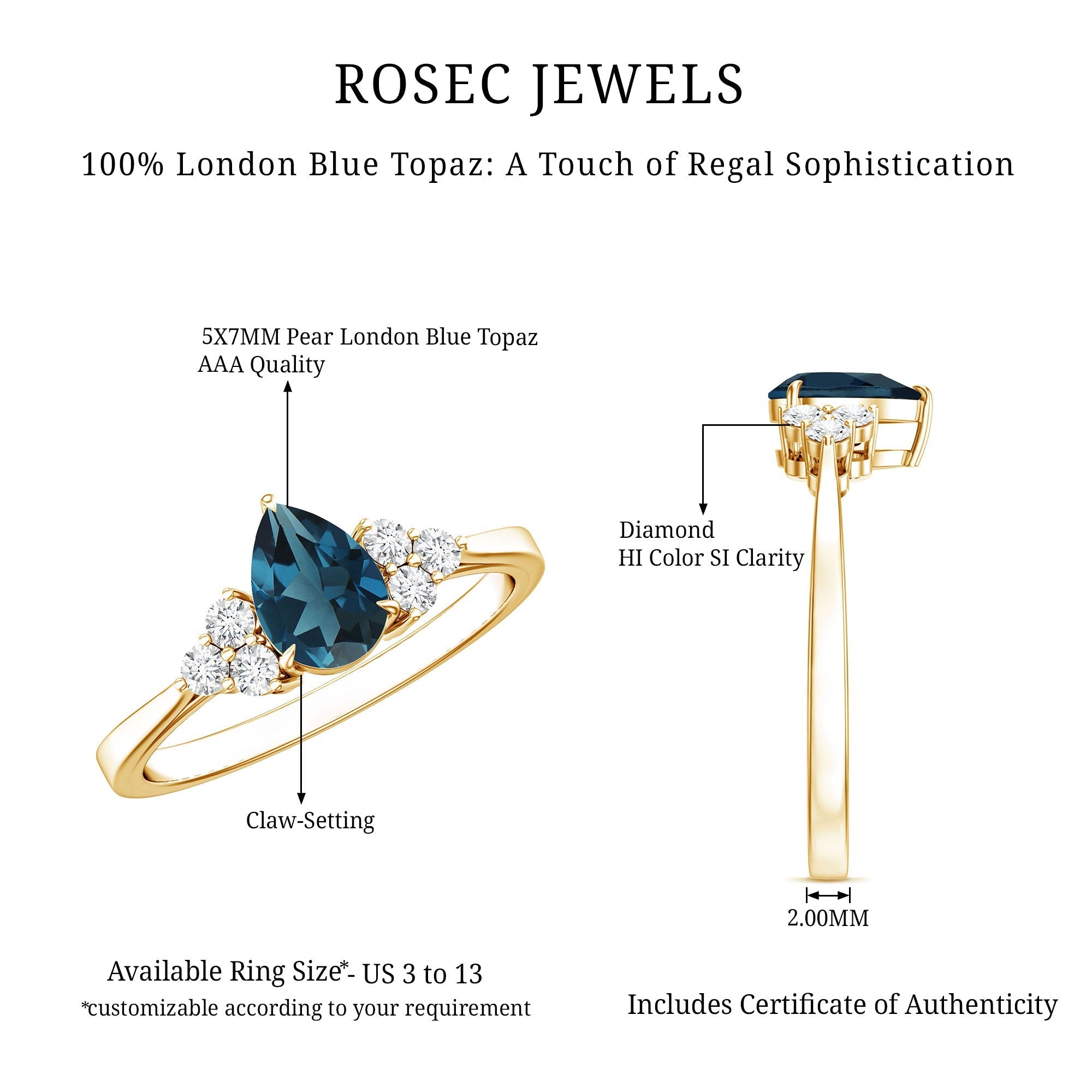 5X7mm Pear Shape London Blue Topaz Engagement Ring with Diamond Trio