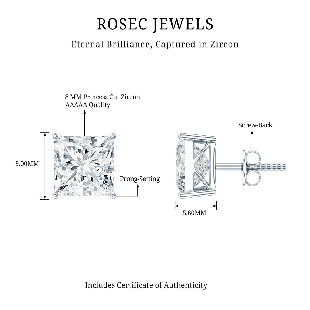 6 Carat Princess Cut Cubic Zirconia Solitaire Stud Earrings in Silver