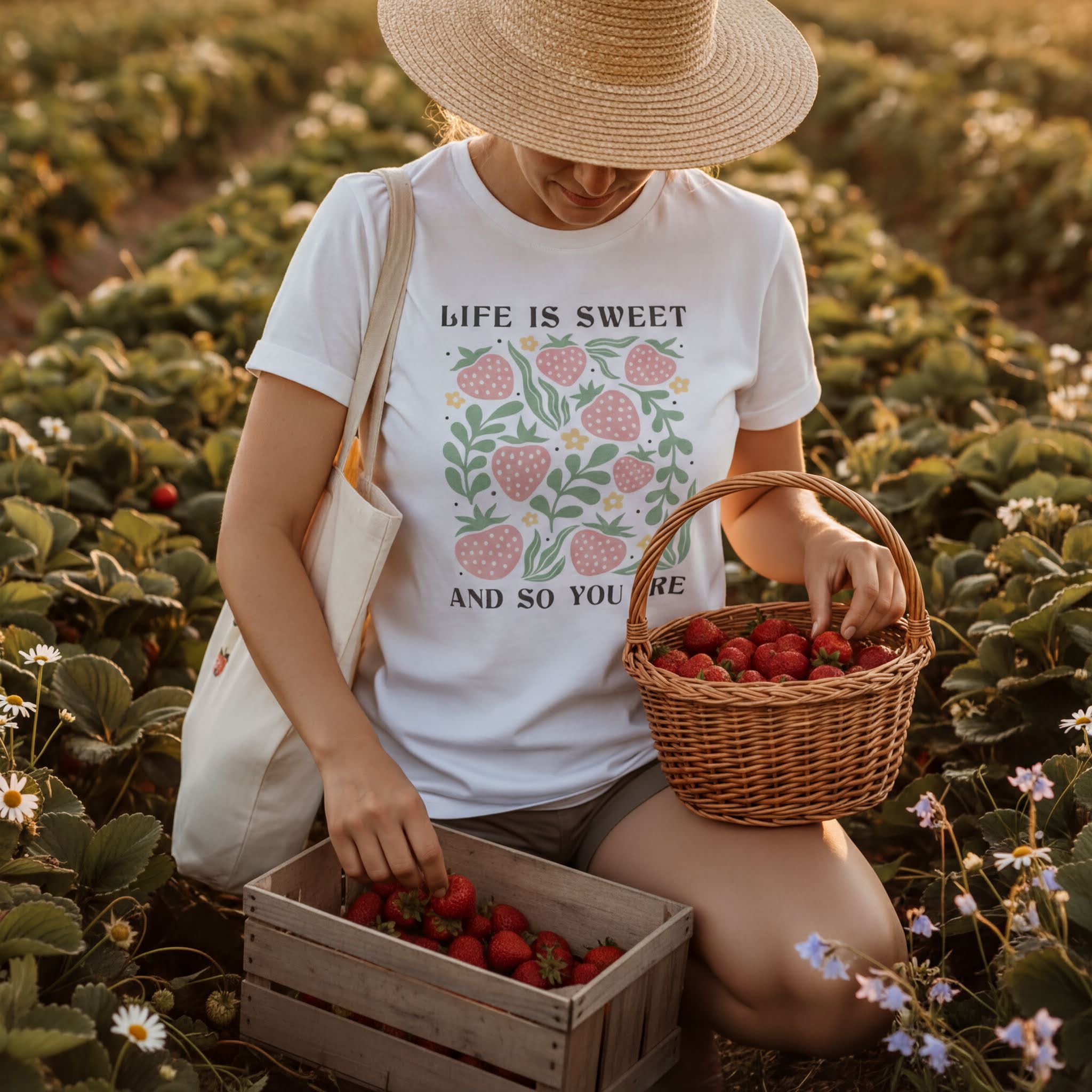 A woman in a straw hat is picking strawberries in a strawberry field, holding a basket of freshly picked strawberries.