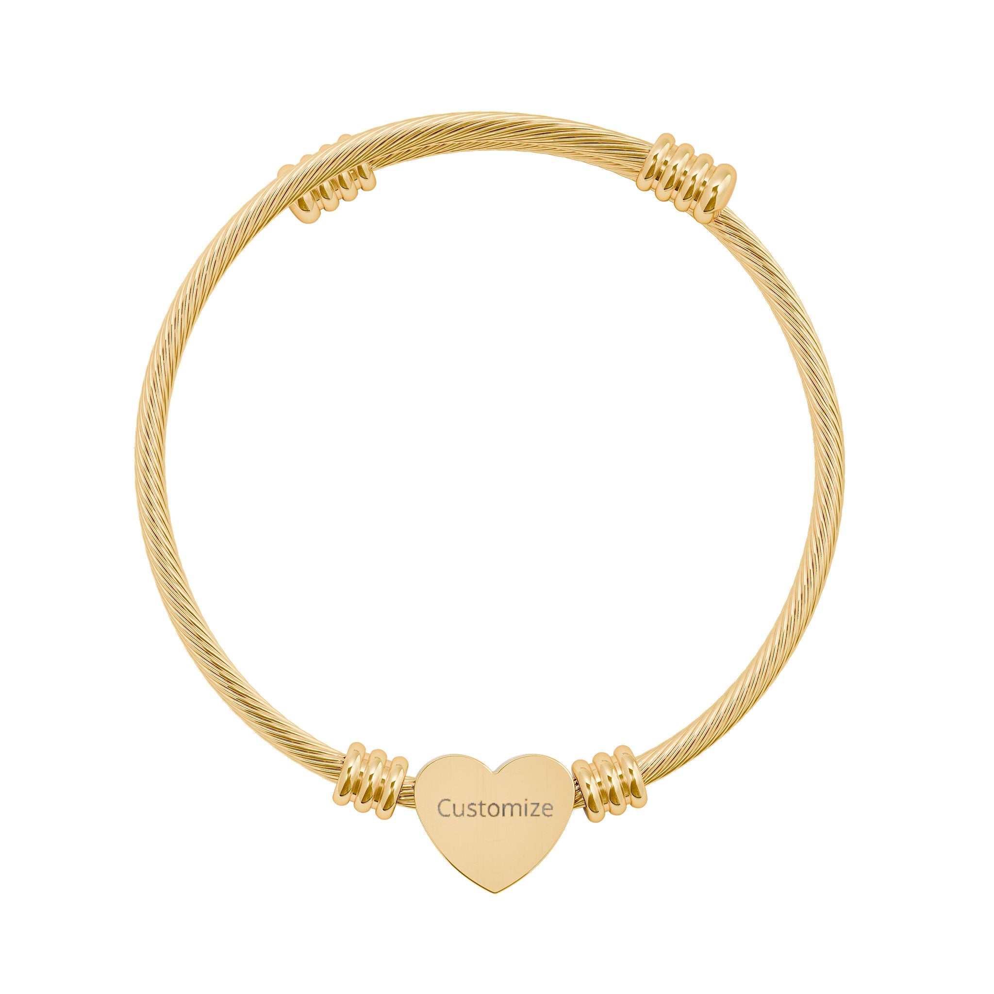Engraved Heart Cuff Bracelet – Personalized Wire Bangle With Silver Cable Charm