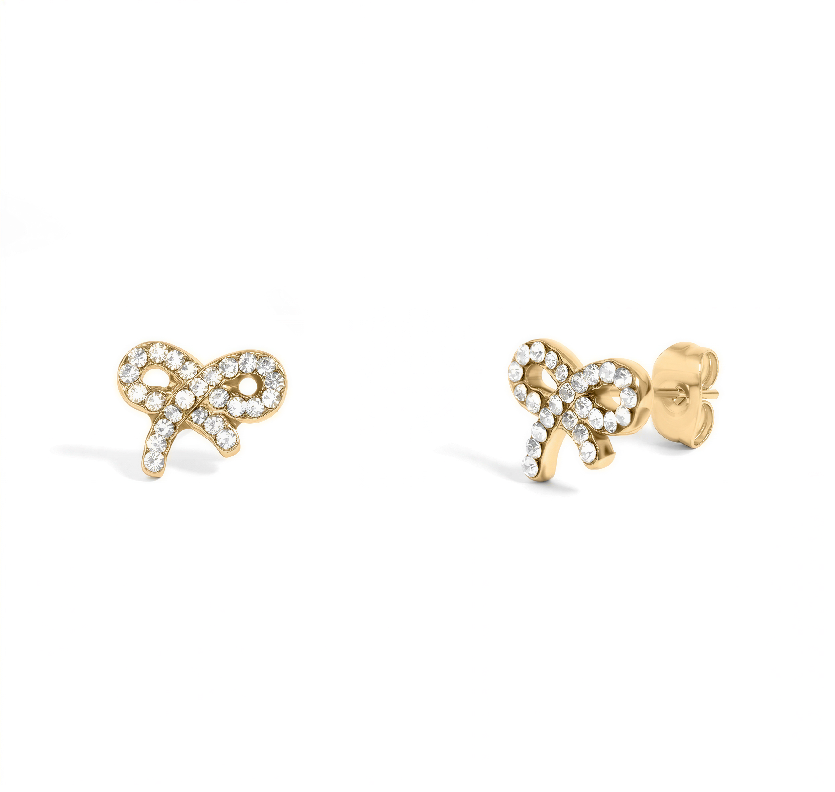 a pair of gold earrings with small diamonds on them.