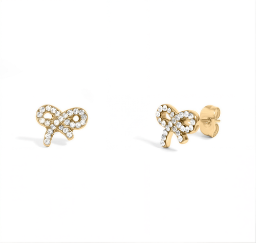 a pair of gold earrings with small diamonds on them.