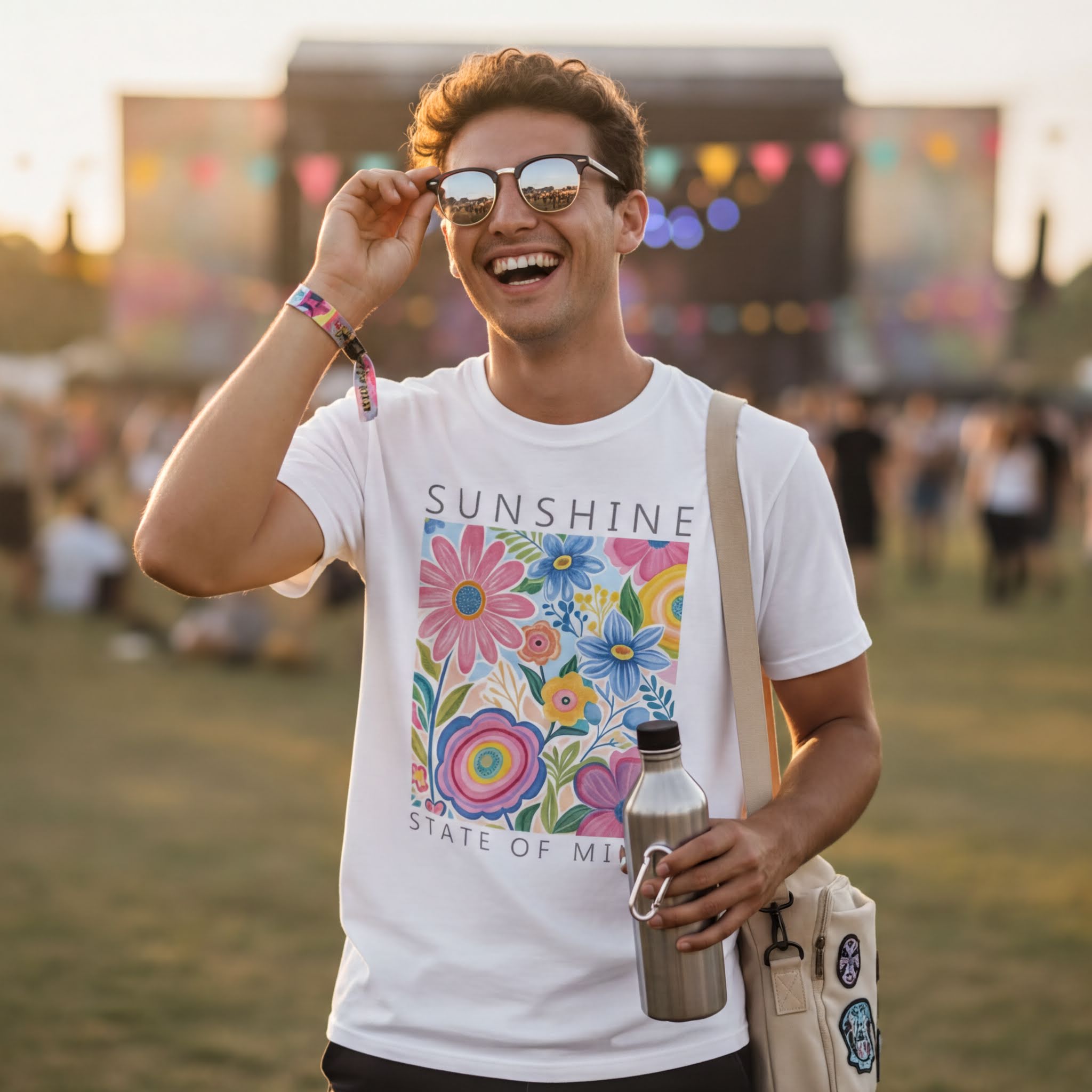 A smiling man wearing a white t-shirt with a colorful floral design and sunglasses stands in front of a festival setting.