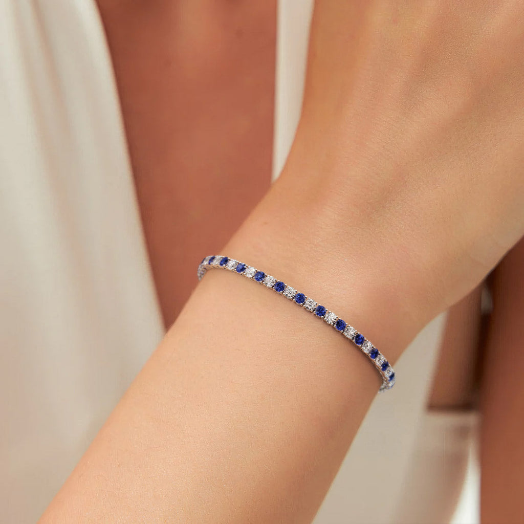 Blue Sapphire Tennis Bracelet – 7.50 CTW AGI Certified Stones | 14K White Gold Overlay