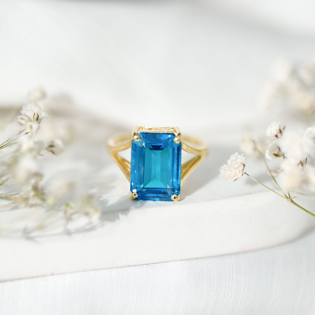 8 Carat Lab Grown London Blue Topaz Emerald Cut Engagement Ring in Silver