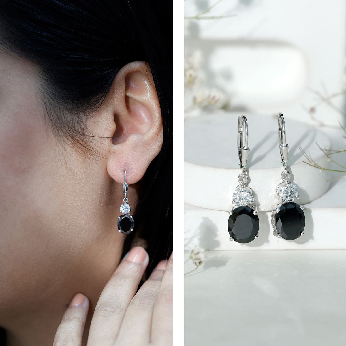 8 Carat Oval Lab Grown Black Diamond Drop Earrings in Silver