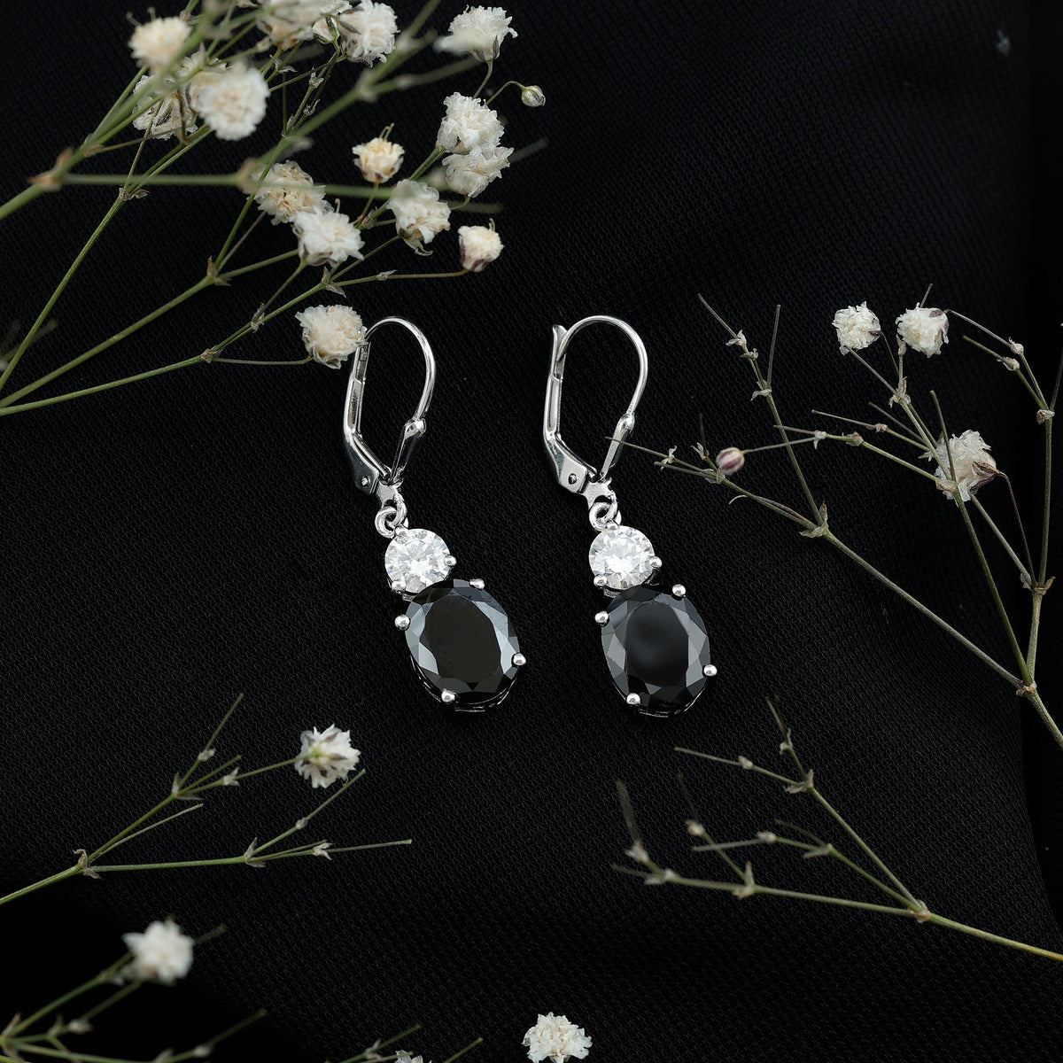 8 Carat Oval Lab Grown Black Diamond Drop Earrings in Silver