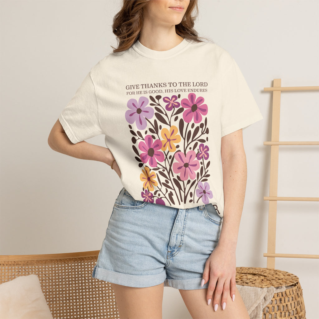 Give Thanks Tee - Floral Graphic Christian T-Shirt | Soft Cotton Comfort Colors