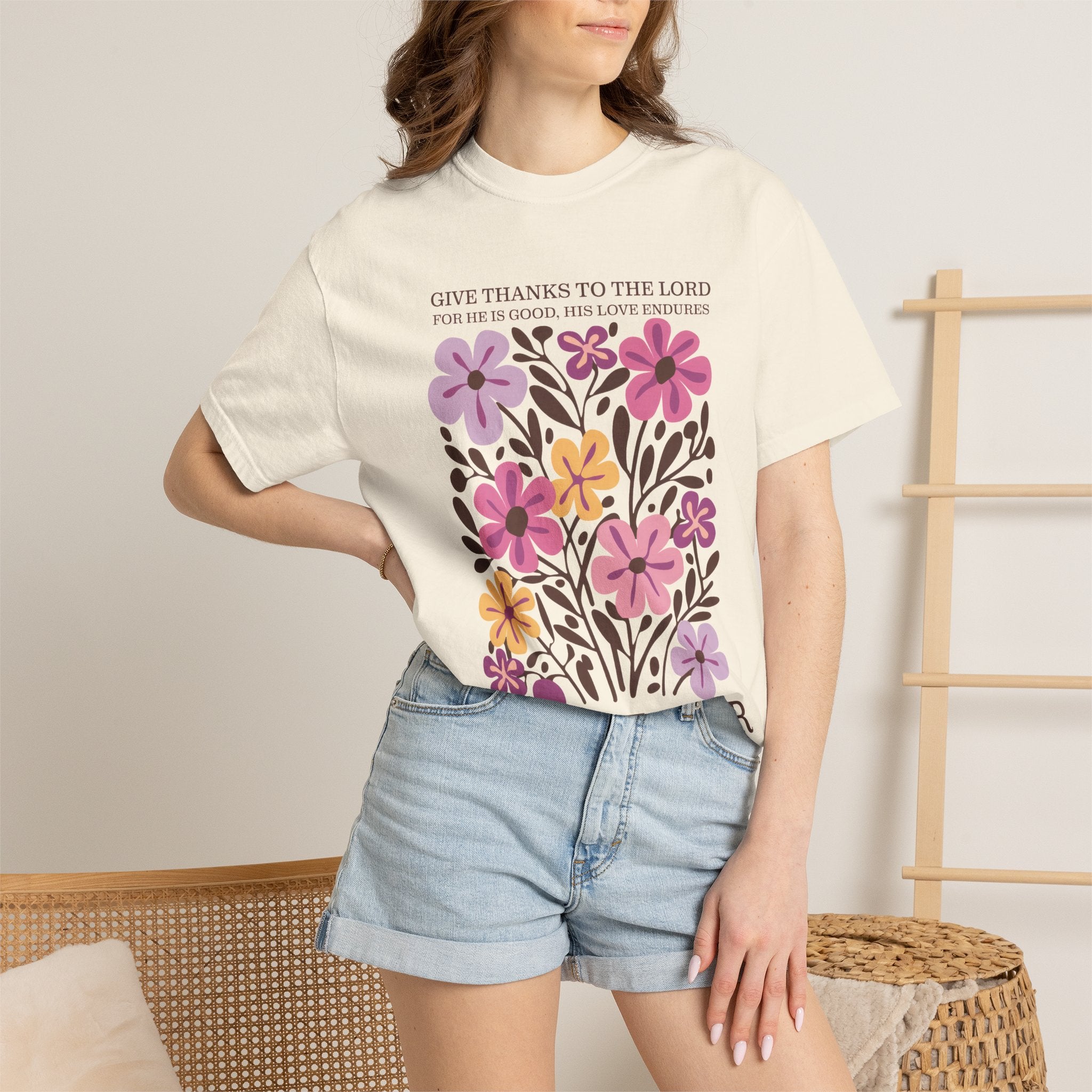 Give Thanks Tee - Floral Graphic Christian T-Shirt | Soft Cotton Comfort Colors