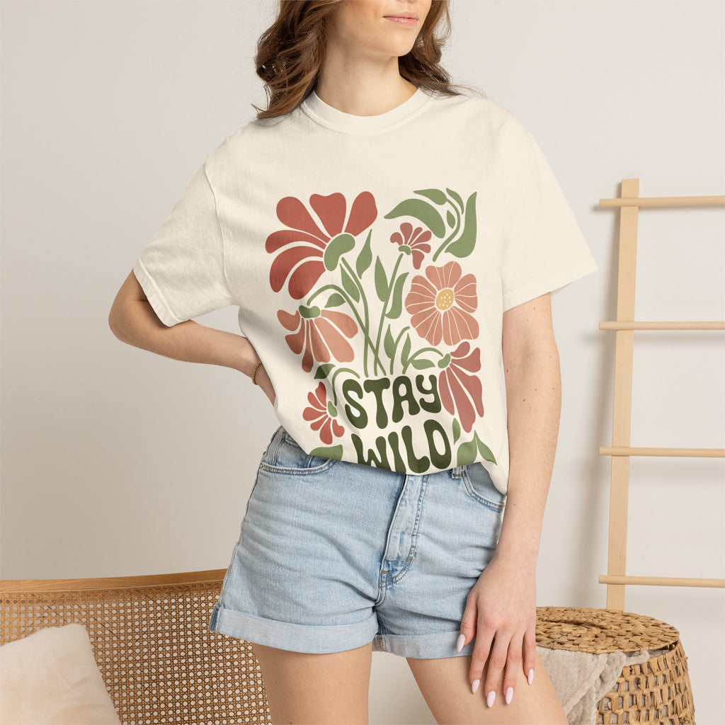 Retro Floral Tee – Stay Wild Shirt | Boho T Shirt, Soft Cotton Tee, Earth Tone T-Shirt