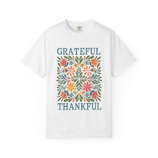 Grateful Thankful Unisex T-Shirt, Casual Tee, Gift for Thanksgiving, Boho Style Shirt, Everyday Wear, Positive Vibes Apparel
