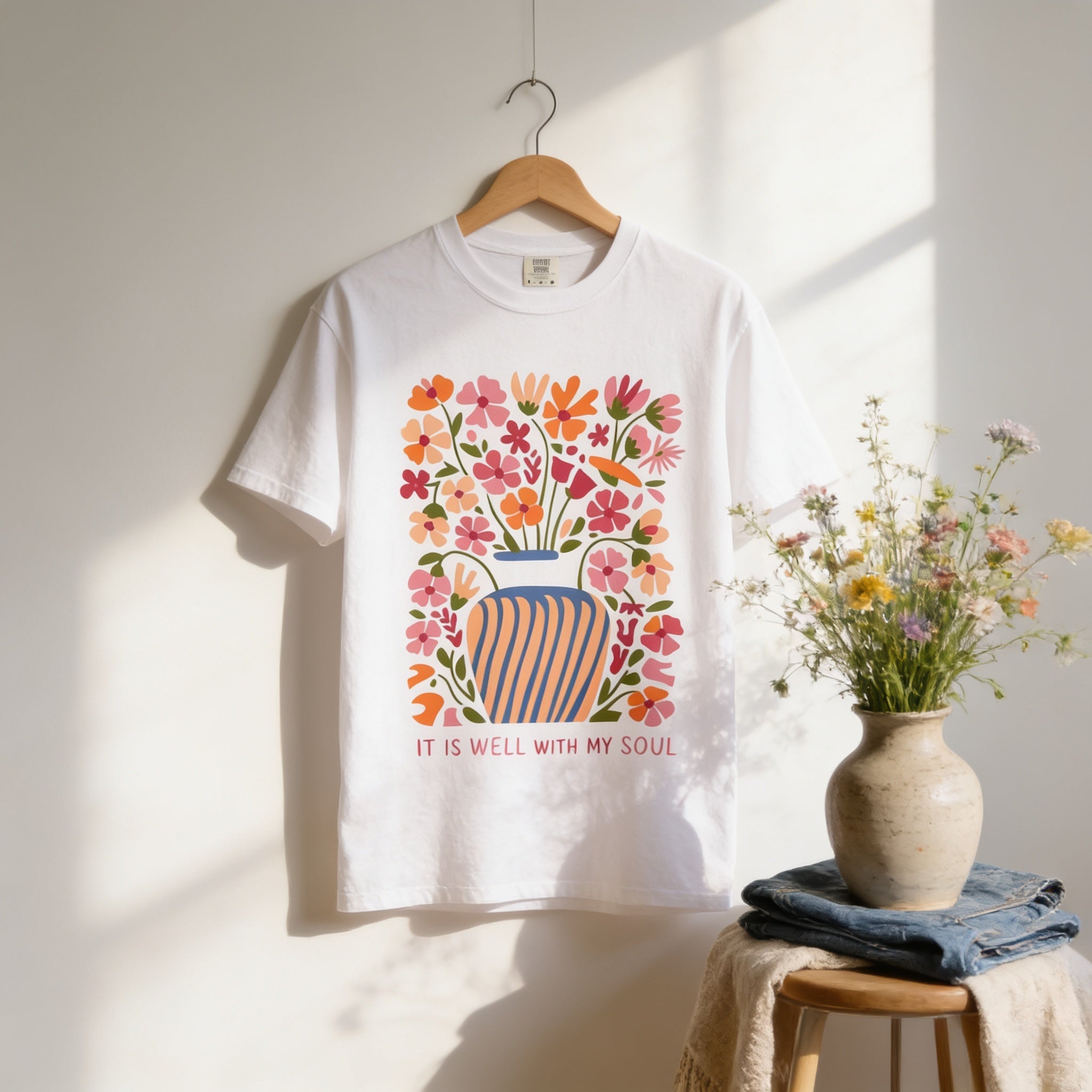 A white t-shirt with a colorful graphic design of a vase filled with flowers, hanging on a wooden hanger. Next to the t-shirt is a vase with flowers, and there is a denim stool in the foreground.