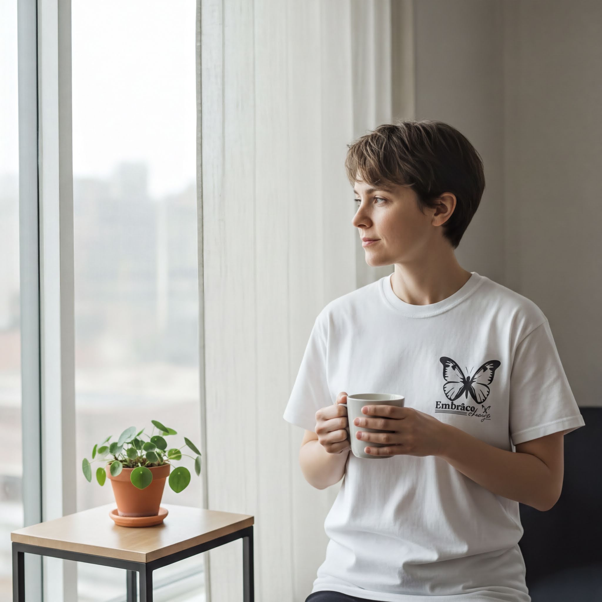 A person in a white t-shirt with a butterfly design is holding a coffee mug and looking out a window, with a potted plant on a small table next to them.